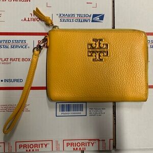 Tory Burch Cassia Genuine Leather Britten Large Zip Wristlet Bright Yellow